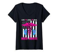 Mujer Live Love Heal NICU Nurse American Flag Nursing Nurses Camiseta Cuello V