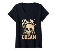 Mujer Livin 'The Dream Sarcastic Skull Butterflies Sarcasmo Camiseta Cuello V