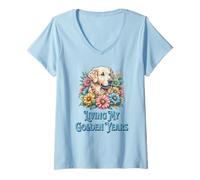 Mujer Living My Golden Years Retriever Perro Raza Dueño Flores Camiseta Cuello V