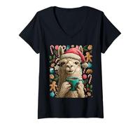 Mujer Llama de Navidad con Sombrero de Papá Noel Galletas de Cacao Animal Divertido Camiseta Cuello V