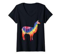 Mujer Llama Tie Dye Silueta Hippie Rainbow Colors Love Llamas Camiseta Cuello V