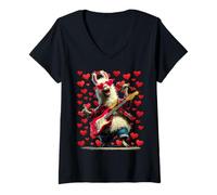 Mujer Llama Tocando Guitarrista Animal San Valentín Corazones Camiseta Cuello V