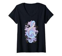 Mujer Llave Musical con dragón. Camiseta Cuello V