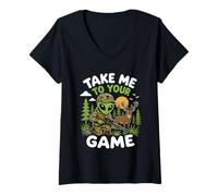 Mujer Llévame a tu Juego Cazador alienígena secuestro OVNI Camiseta Cuello V
