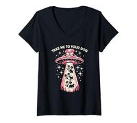 Mujer Llévame a tu Perro Retro UFO Puppy Alien Sci-Fi Humor Camiseta Cuello V