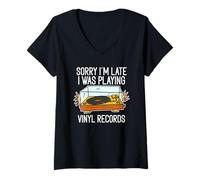 Mujer Lo siento, llego tarde, estaba tocando discos de vinilo Camiseta Cuello V