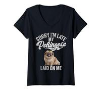Mujer Lo Siento, llego Tarde, mi pequinés me acostó Pekinés Camiseta Cuello V