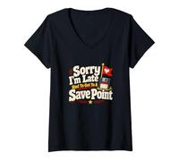 Mujer Lo Siento, llego Tarde Save Point Gamer Videojuego Humor Camiseta Cuello V