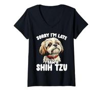 Mujer Lo siento, llego tarde, vi a un lindo amante de los perros Shih Tzu Camiseta Cuello V