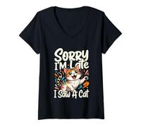 Mujer Lo Siento, llego Tarde, Vi un Gato Camiseta Cuello V