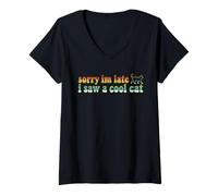 Mujer Lo Siento, llego Tarde, Vi un Gato Retro Groovy Hombres Mujeres Niños Niñas Camiseta Cuello V
