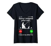 Mujer Lo Siento, me perdí tu Llamada, Divertido Juego de Palabras, Amante de la Pesca Camiseta Cuello V