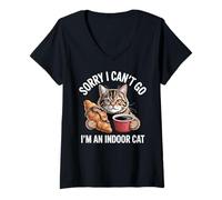 Mujer Lo Siento, no Puedo IR, Soy un Gato de Interior Comiendo Pan Croissant Camiseta Cuello V