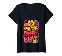 Mujer Lo único más poderoso Que el Odio es el Amor Floral Retro Camiseta Cuello V