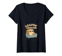 Mujer Loafin 'Alrededor de Pan Divertido Dibujos Animados Comida Juego de palabras Lazy Loaf Humor Camiseta Cuello V