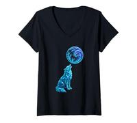 Mujer Lobo Aullando a Mystic Fractal Moon Arte Animal Poligonal Camiseta Cuello V