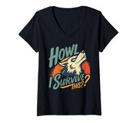 Mujer Lobo Aullando cuestionando la Resistencia Arte Retro Camiseta Cuello V