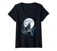 Mujer Lobo Aullando en Luna Noche Bosque Escena Camiseta Cuello V