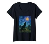 Mujer Lobo Aullando en Luna Noches estrelladas Paisaje Camiseta Cuello V