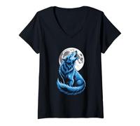 Mujer Lobo Aullando Luna Llena Azul Místico Camiseta Cuello V