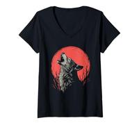 Mujer Lobo Aullando Luna Llena Vida Silvestre Bosque Naturaleza Vida SIL Camiseta Cuello V