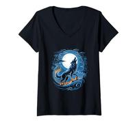 Mujer Lobo Aullando Luna Noche Mágica Camiseta Cuello V