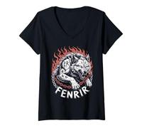 Mujer Lobo de Odín Mitología nórdica Pagano Lobo nórdico Vikingo Fenrir Camiseta Cuello V