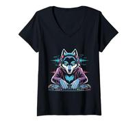 Mujer Lobo Dj Electrónica Música Beats Camiseta Cuello V