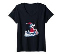 Mujer Lobo Feliz con Bolsa de Papá Noel para Navidad Divertida Camiseta Cuello V