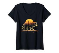 Mujer Lobo, Lobo Gráfico, Bosque, Vida Silvestre y Puesta de Sol Camiseta Cuello V