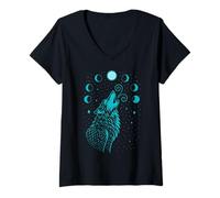 Mujer Lobo Luna Fases Lunares Arte místico en Tono Menta Camiseta Cuello V