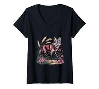 Mujer Lobo melena en flores silvestres y hierba alta de la pradera Camiseta Cuello V