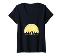 Mujer Lobo Pack Howling Luna Llena Silueta Vida Silvestre Arte Camiseta Cuello V