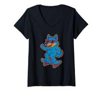 Mujer Lobo Patinando Con Gafas De Sol Lobo En Un Monopat Camiseta Cuello V