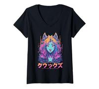 Mujer Lobo Peludo Animal Chica Lindo Anime el Manga Retro Japón Peludo Camiseta Cuello V