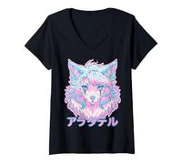 Mujer Lobo Peludo Animal Chica Lindo Anime el Manga Retro Japón Peludo Camiseta Cuello V
