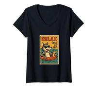 Mujer Lobo Relajante Lindo Animal Vintage Lobo Relax Impresión Retro Camiseta Cuello V