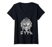 Mujer Lobo Tengri Antigua Inscripción Turco Espiritual Camiseta Cuello V