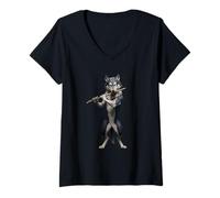 Mujer Lobo tocando flauta transversal Camiseta Cuello V