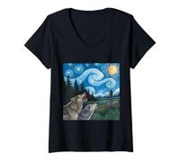 Mujer Lobos aullando bajo cielo estrellado y Bigfoot Camiseta Cuello V