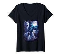 Mujer Lobos Blancos bajo la Luna Llena Vintage Fantasía Rayo Camiseta Cuello V