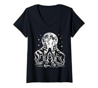 Mujer Lobos Graciosos Aullando a la Luna bajo Las Estrellas Camiseta Cuello V
