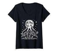 Mujer Lobos Graciosos Aullando a la Luna bajo Las Estrellas Camiseta Cuello V