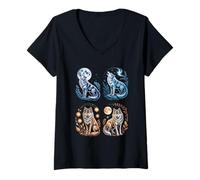 Mujer Lobos Místicos Aullando Luna Divertido Fantasía Vida Silvestre Camiseta Cuello V