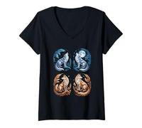 Mujer Lobos Místicos Aullando Luna Divertido Fantasía Vida Silvestre Camiseta Cuello V