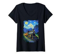 Mujer Locomotora Van Gogh Amante del tren de la máquina de vapor del tren de vapor Camiseta Cuello V