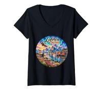 Mujer Lofoten Noruega, Puerto marítimo Europeo de cruceros Camiseta Cuello V