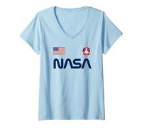 Mujer Logotipo de Gusano de la NASA + Bandera de Estados Unidos + Parche de misión Enterprise 1977 Camiseta Cuello V