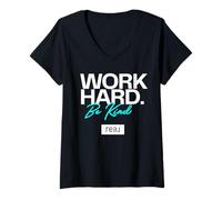 Mujer Logotipo de Real - Work Hard Be Kind en Blanco y Aguamarina Camiseta Cuello V