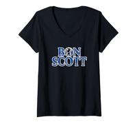 Mujer Logotipo de tartán azul Bon Scott con silueta de león Camiseta Cuello V